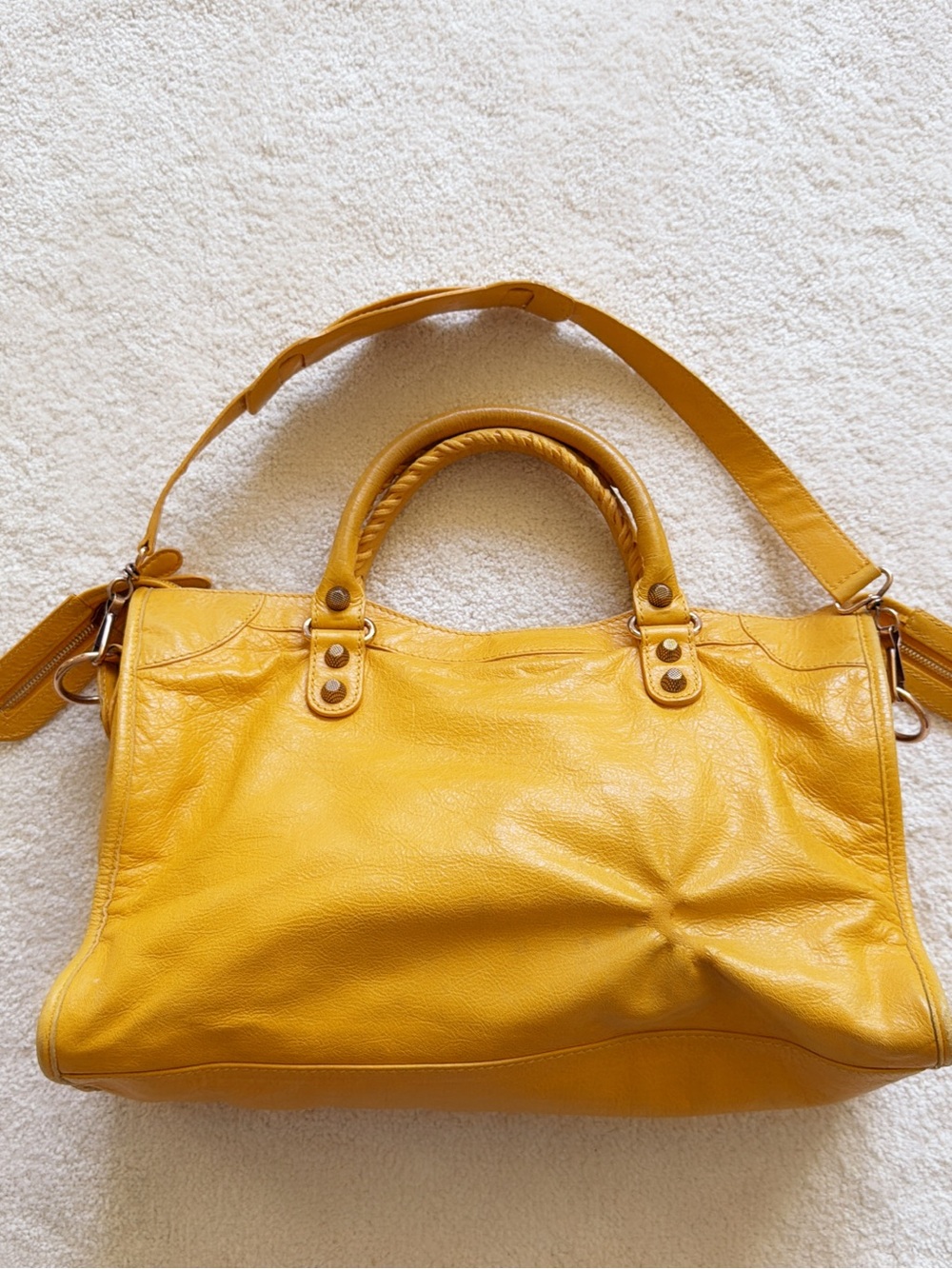 RARE💖 BALENCIAGA Mustard Yellow Medium CITY Motorcycle Shoulder Handbag Vintage - Picture 8 of 14